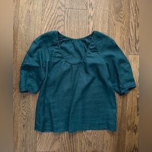 Everlane Linen - barrel sleeve top - teal blue - size 2
